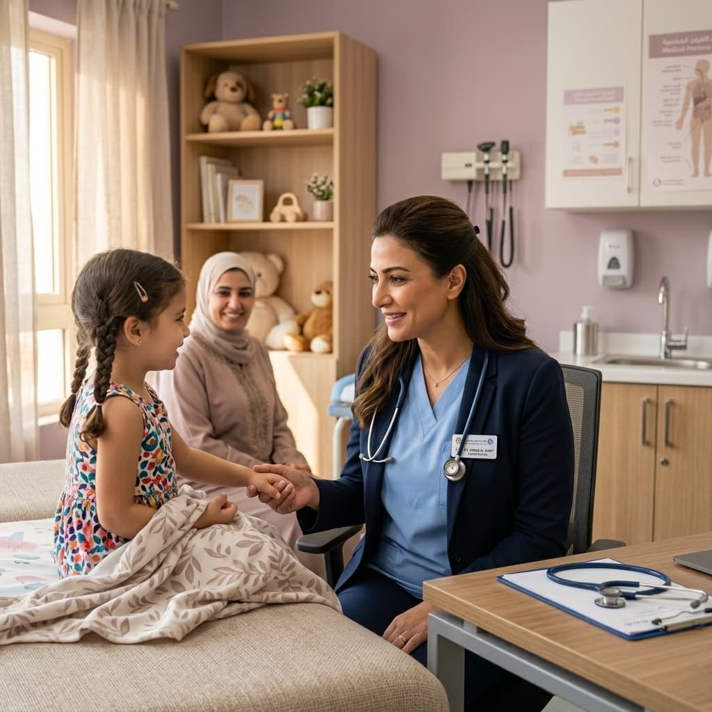 A pediatric doctor reassuring a child and mother