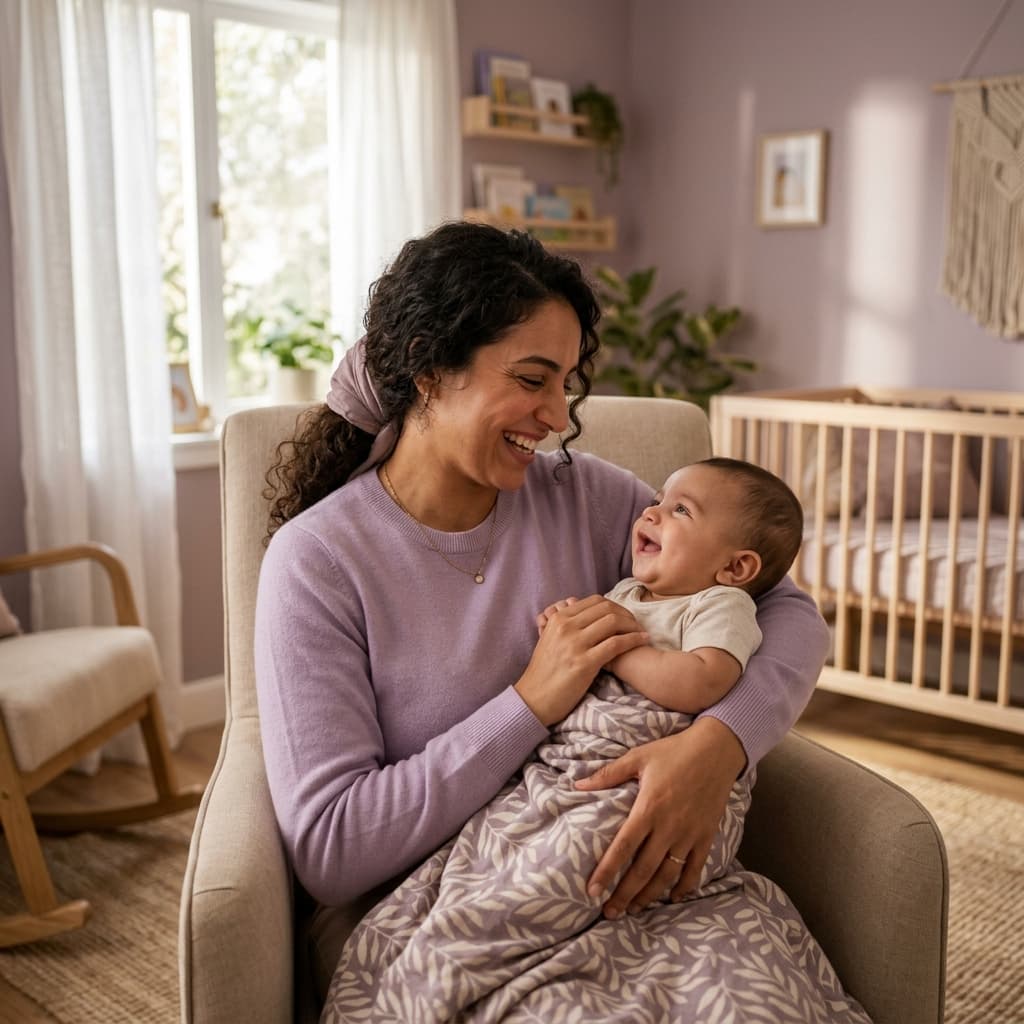 A mother holding her baby in a quiet room